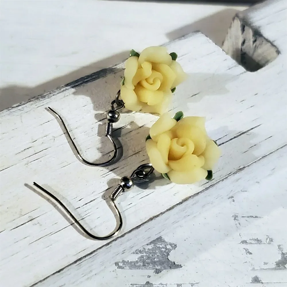 Hand Crafted Fimo Polymer Clay Yellow Rose Flower Bead Dangle Earrings